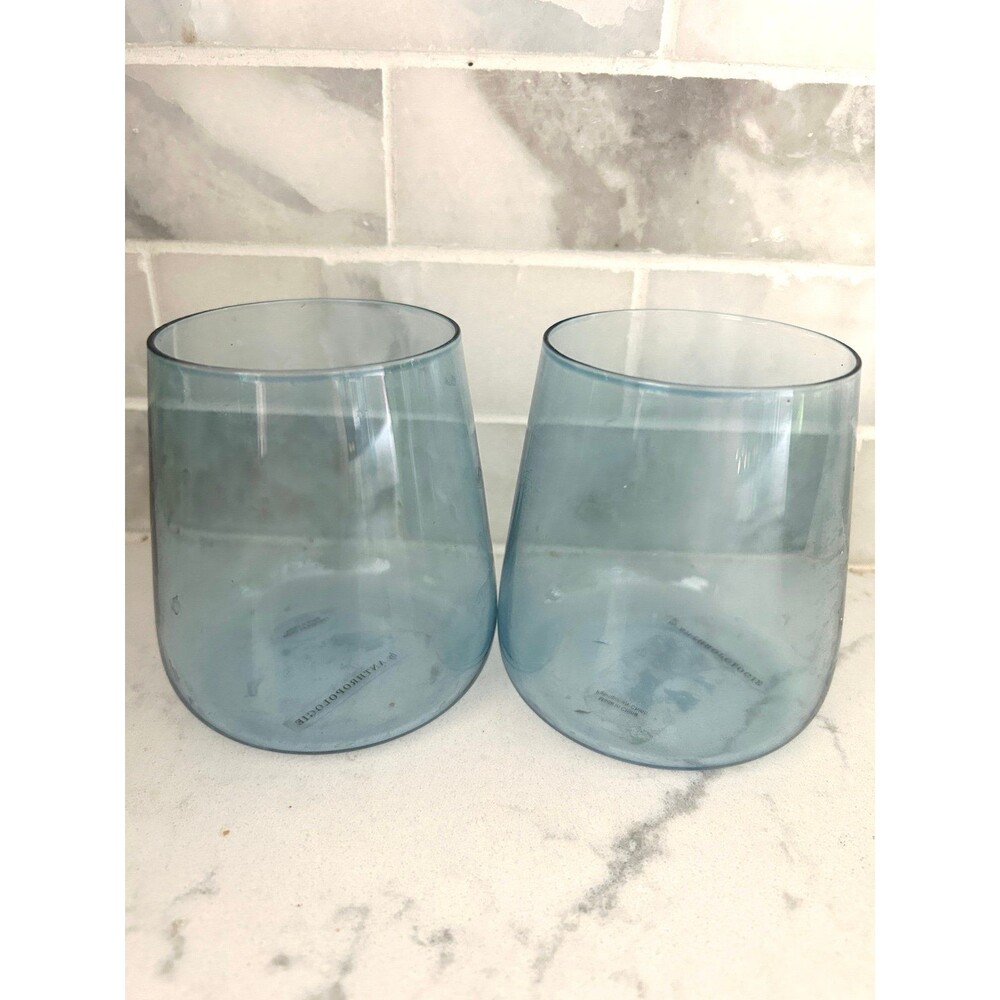 Set of 2 Blue Flat Bottom Stemless Anthropologie Wine Glasses